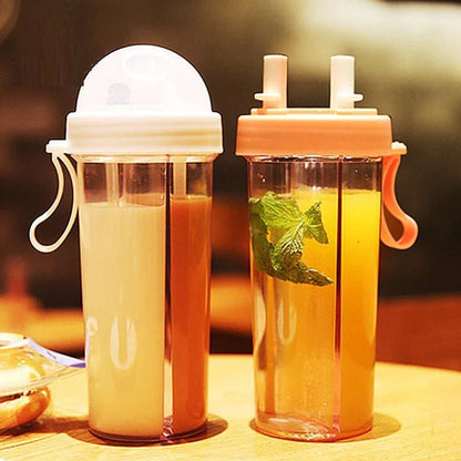 Bottle-Portable Dual Straw Separate Drink Water Beverage Bottle