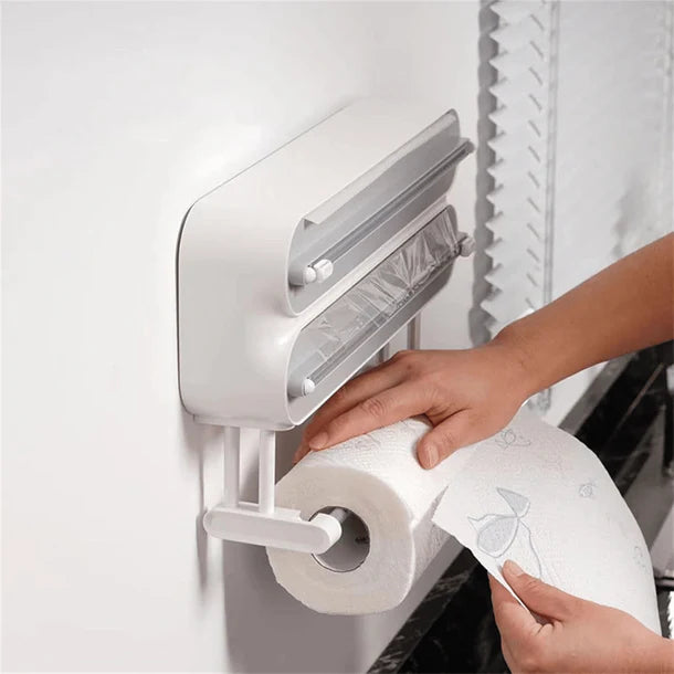 Multi-Functional 3-in-1 Kitchen Wrap Dispenser with Cutter (White)