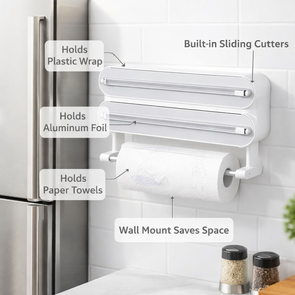 3-in-1 Kitchen Wrap Dispenser with Cutter